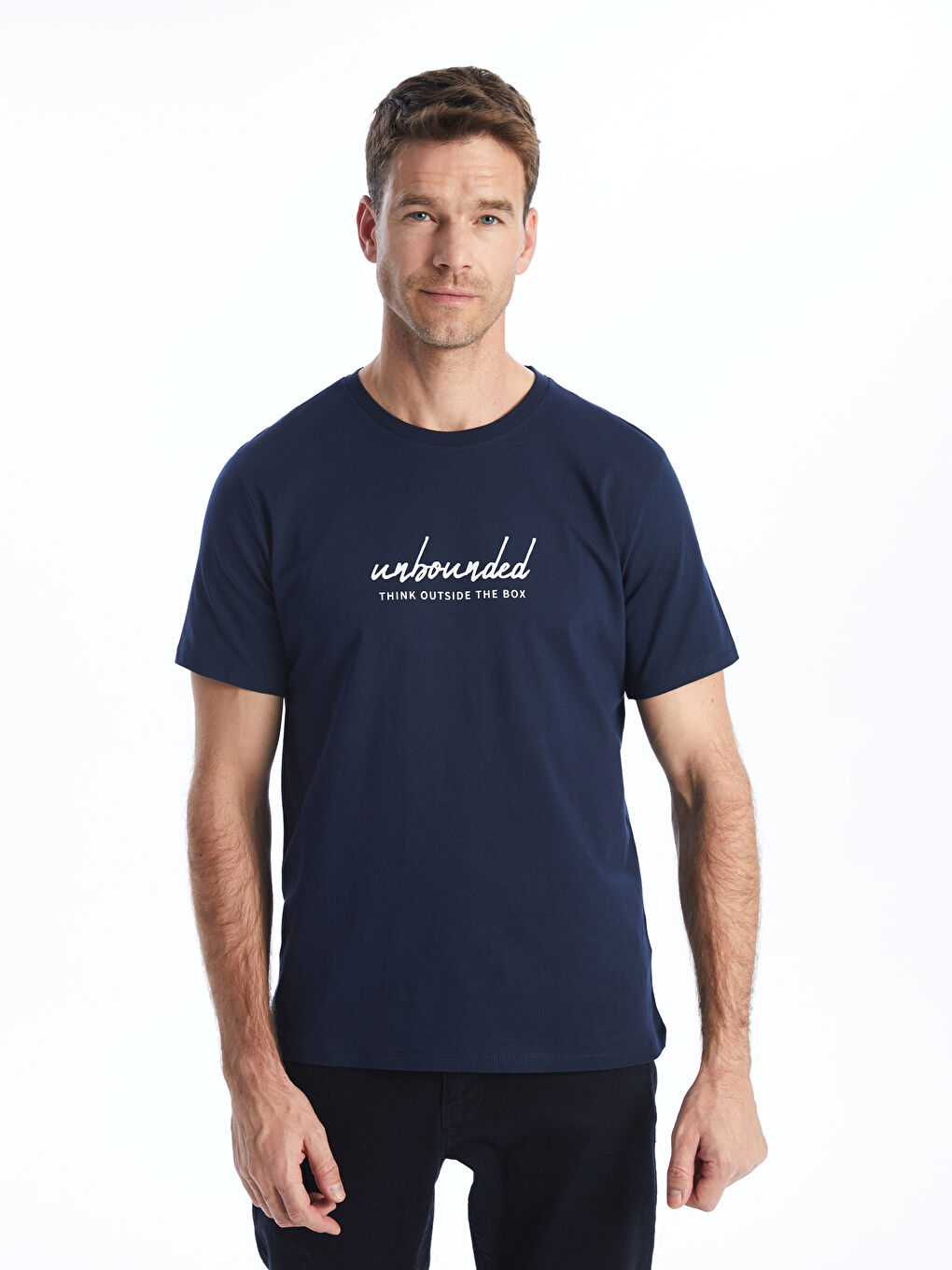 Lacivert Bisiklet Yaka Kısa Kollu Baskılı Penye Erkek Tişört-2