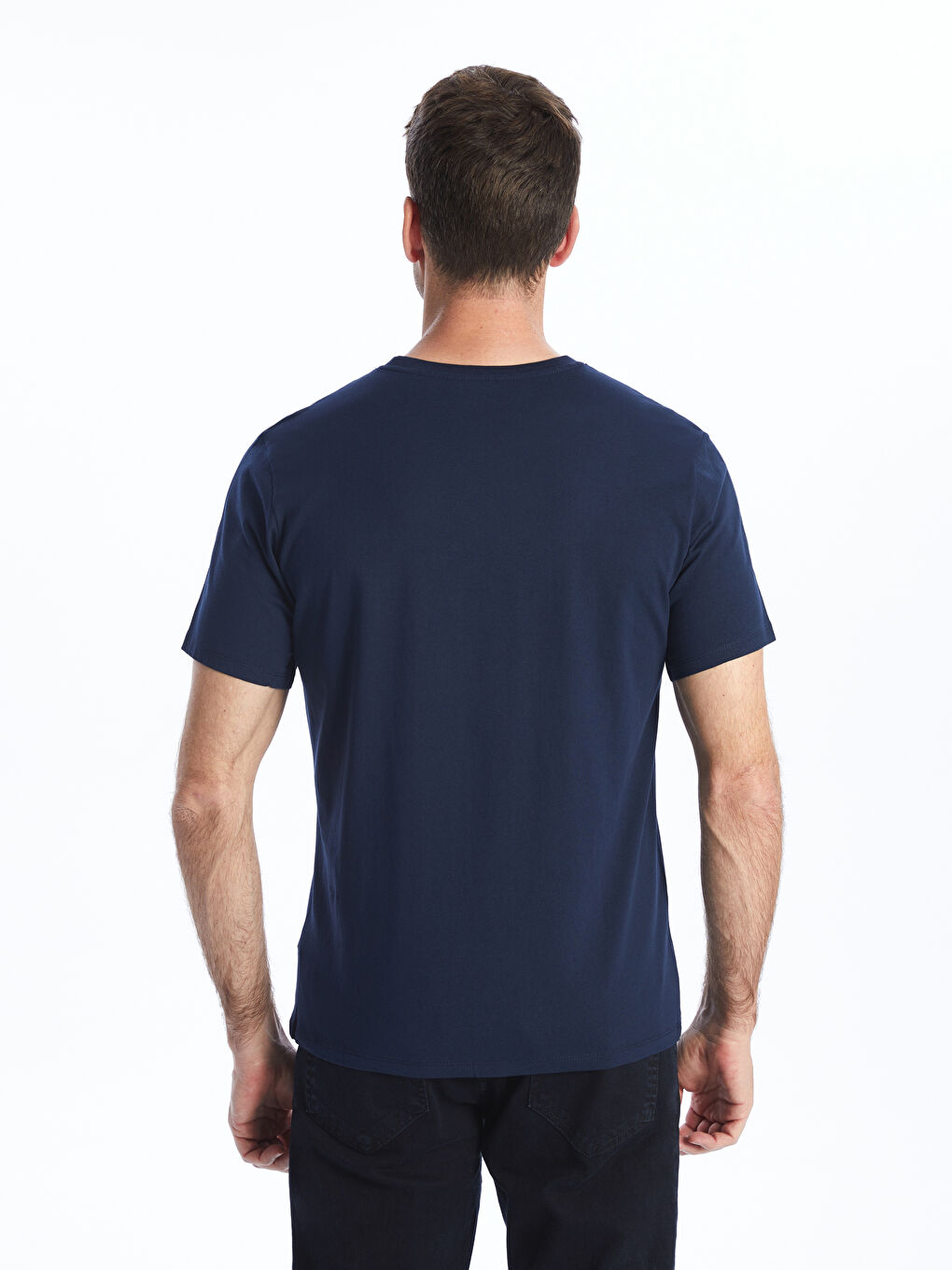 Lacivert Bisiklet Yaka Kısa Kollu Baskılı Penye Erkek Tişört-4