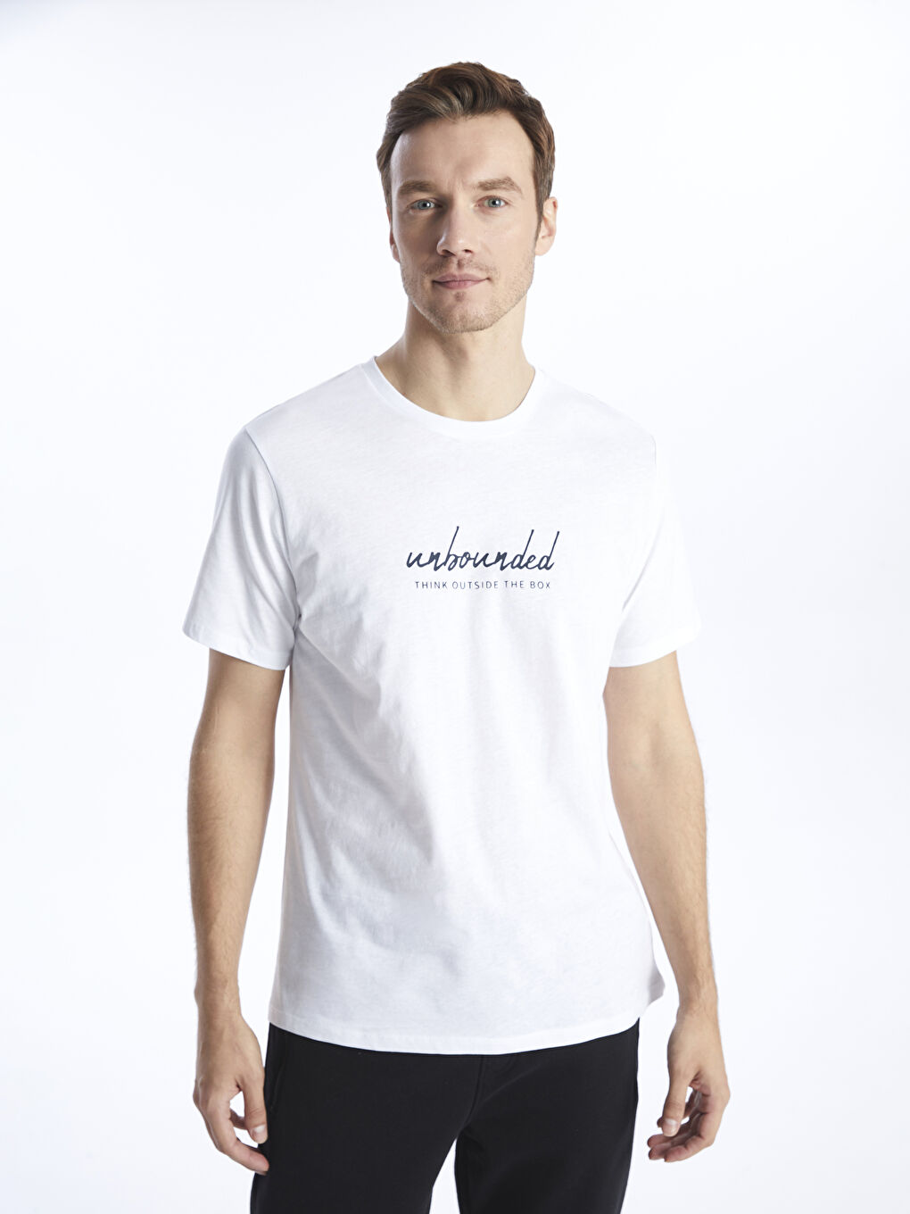 Beyaz Bisiklet Yaka Kısa Kollu Baskılı Penye Erkek Tişört