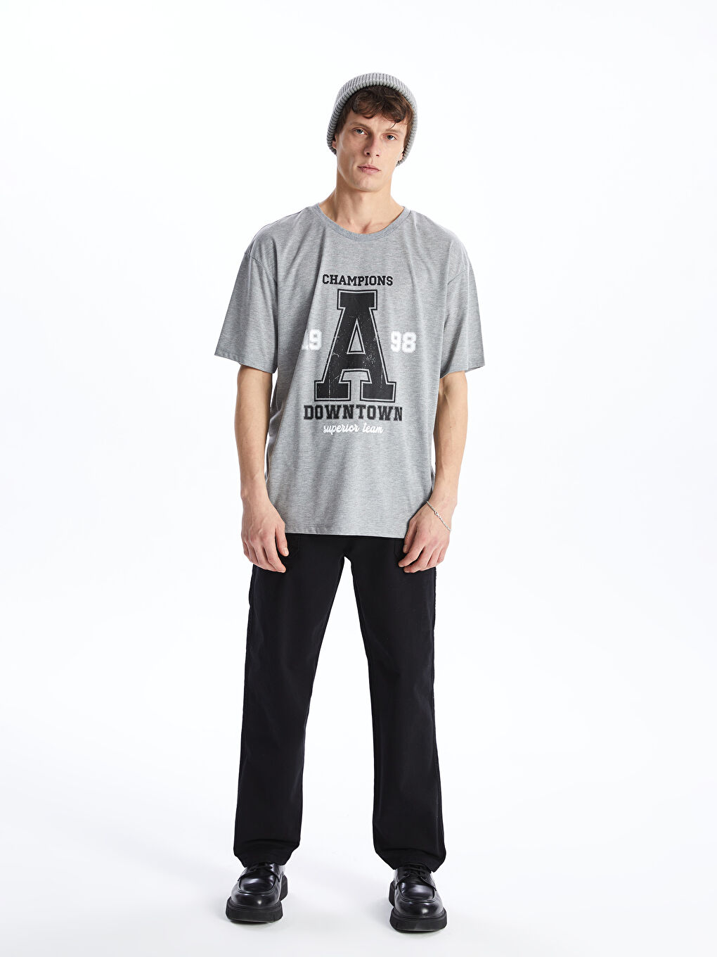 Gri Bisiklet Yaka Kısa Kollu Baskılı Penye Erkek Tişört-2