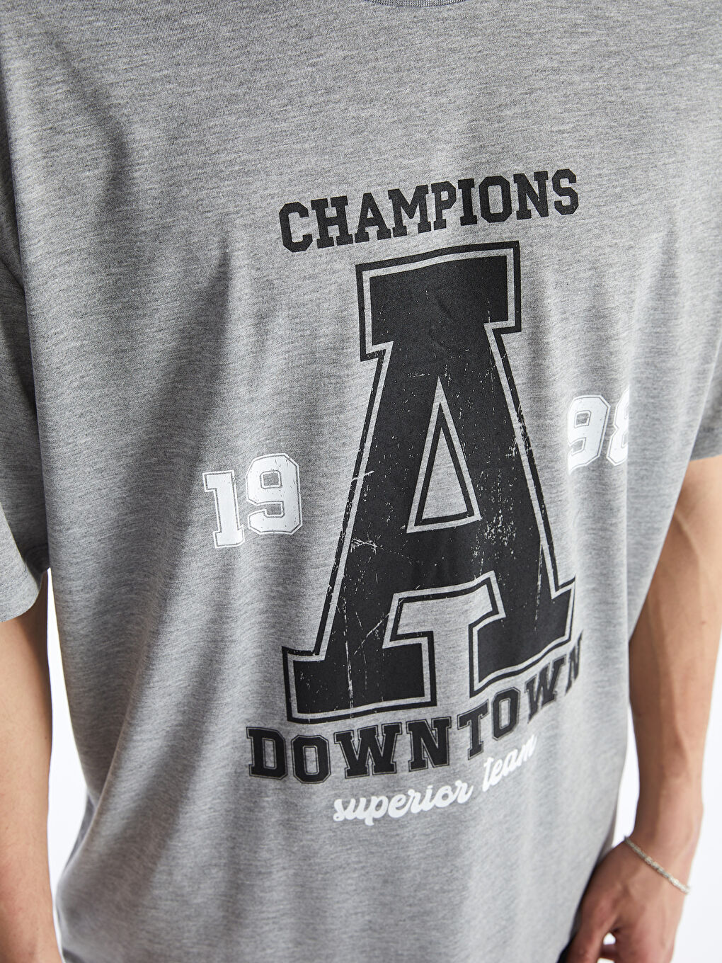 Gri Bisiklet Yaka Kısa Kollu Baskılı Penye Erkek Tişört-3