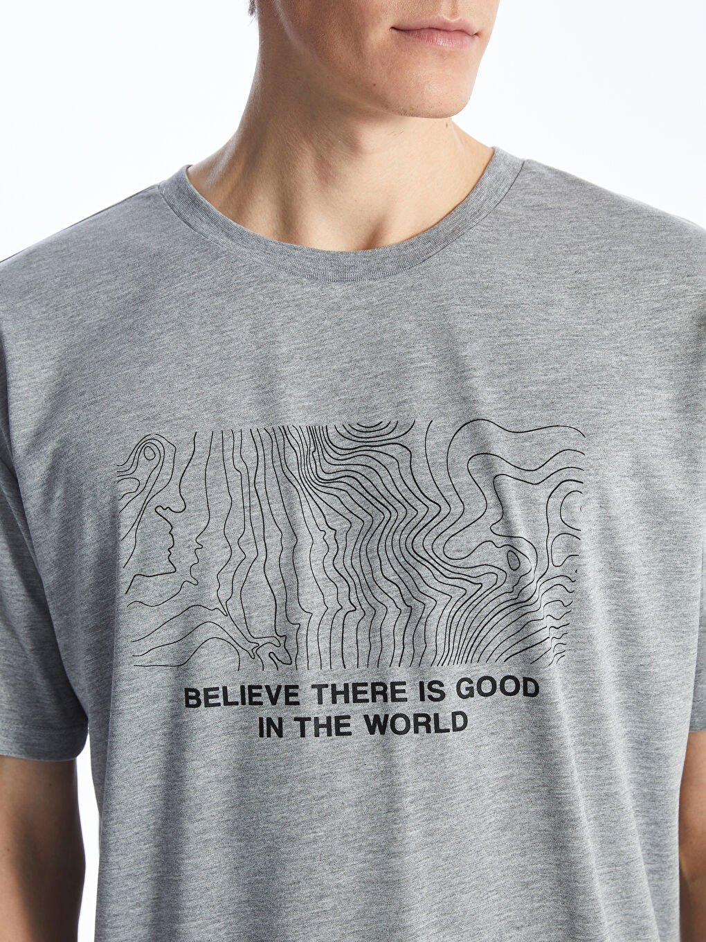 Gri Bisiklet Yaka Kısa Kollu Baskılı Penye Erkek Tişört-3