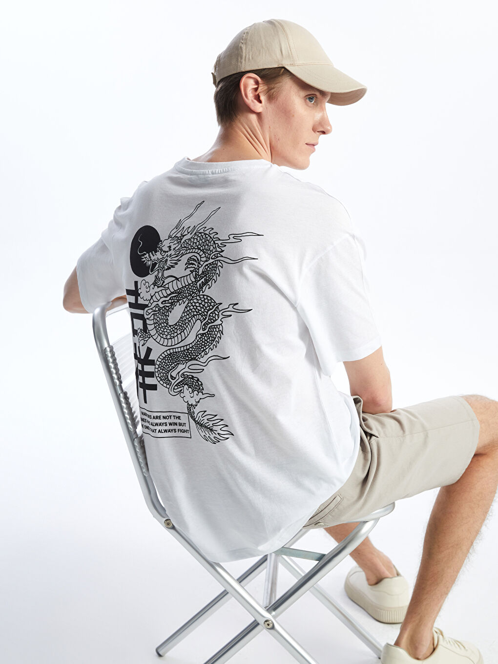 Beyaz Bisiklet Yaka Kısa Kollu Baskılı Penye Erkek Tişört