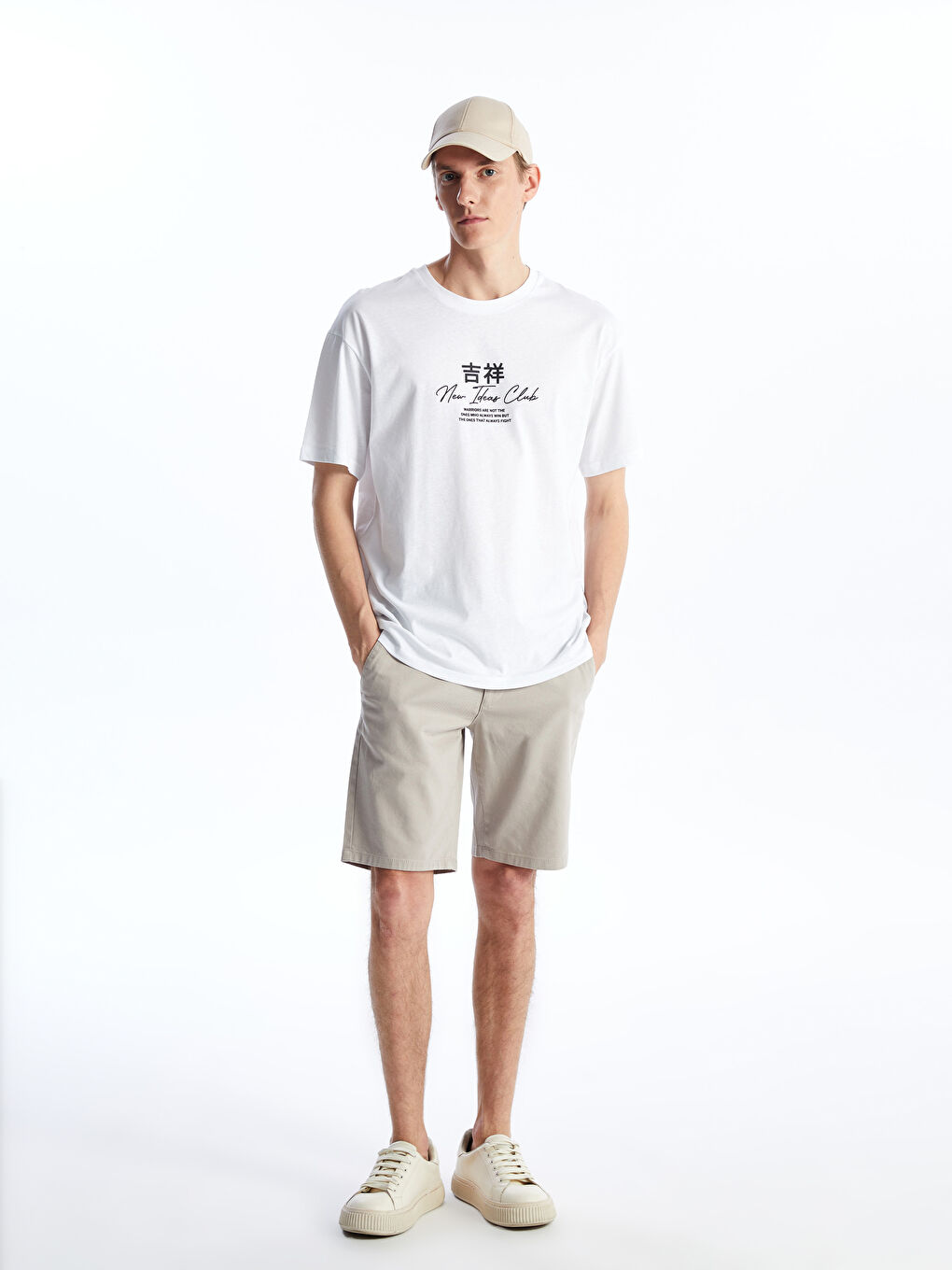 Beyaz Bisiklet Yaka Kısa Kollu Baskılı Penye Erkek Tişört-2