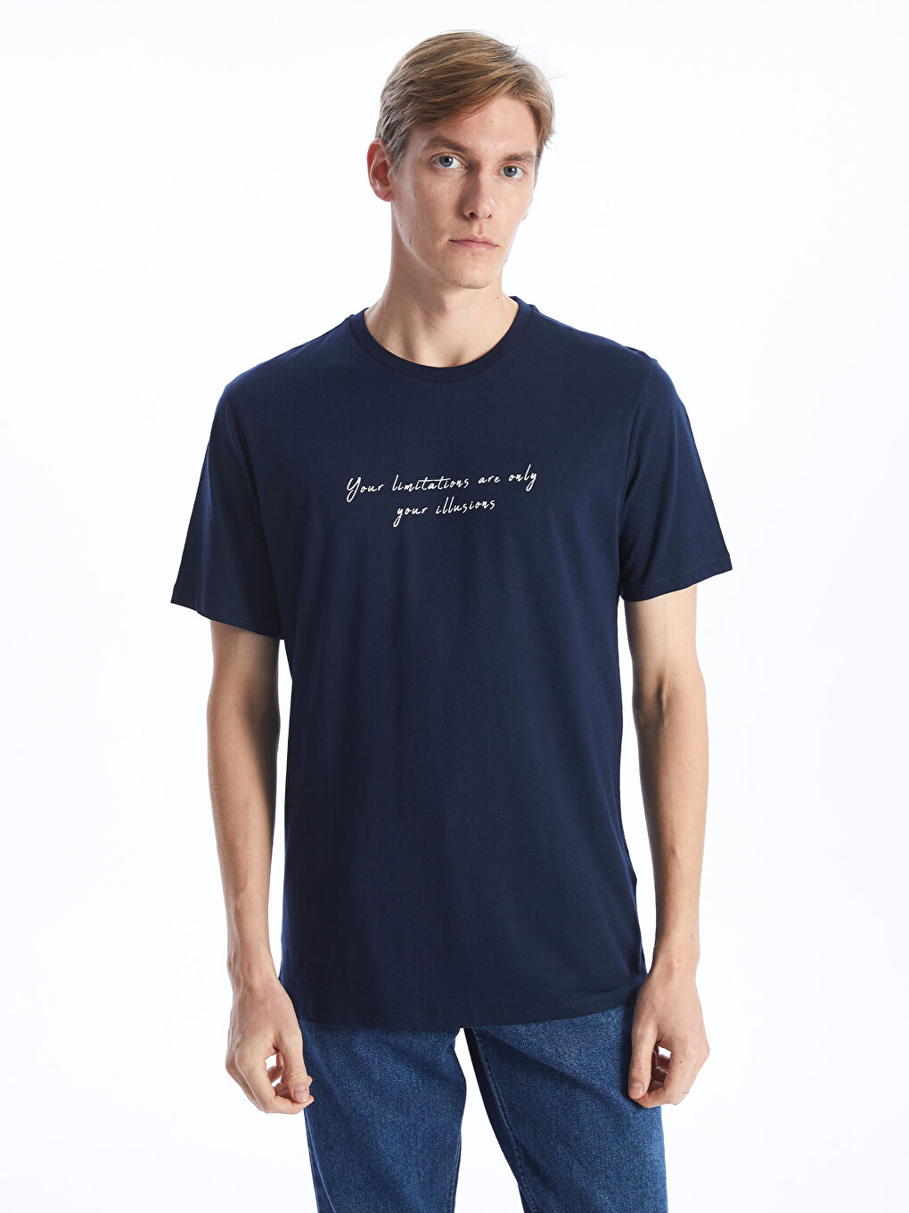 Lacivert Bisiklet Yaka Kısa Kollu Baskılı Penye Erkek Tişört