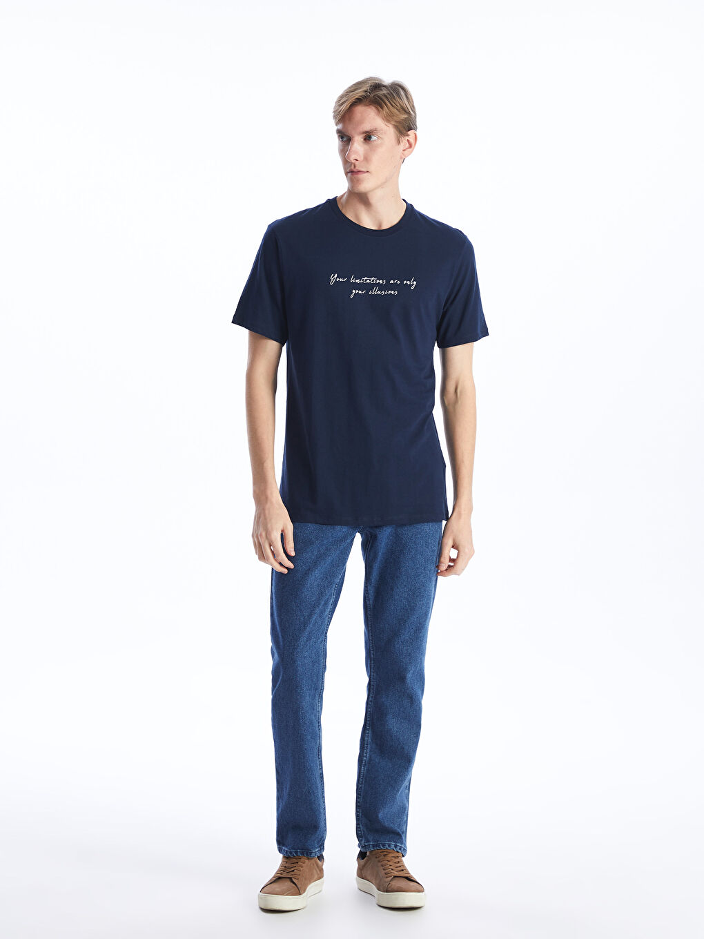 Lacivert Bisiklet Yaka Kısa Kollu Baskılı Penye Erkek Tişört-2