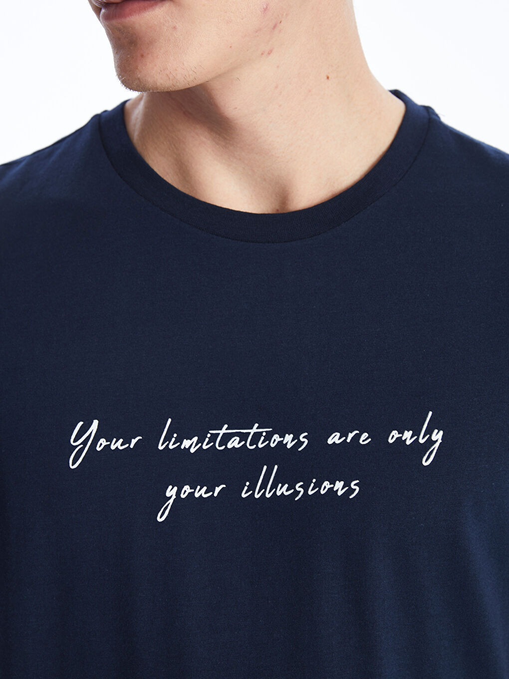 Lacivert Bisiklet Yaka Kısa Kollu Baskılı Penye Erkek Tişört-3