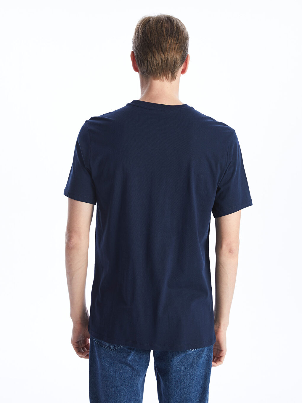 Lacivert Bisiklet Yaka Kısa Kollu Baskılı Penye Erkek Tişört-4