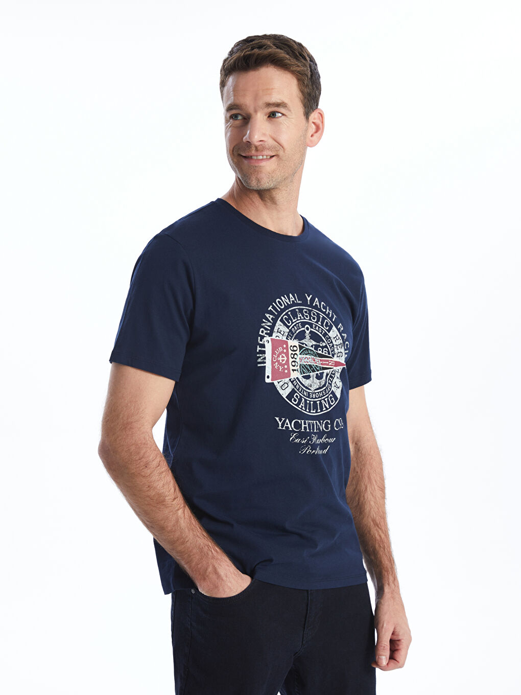 Lacivert Bisiklet Yaka Kısa Kollu Baskılı Penye Erkek Tişört