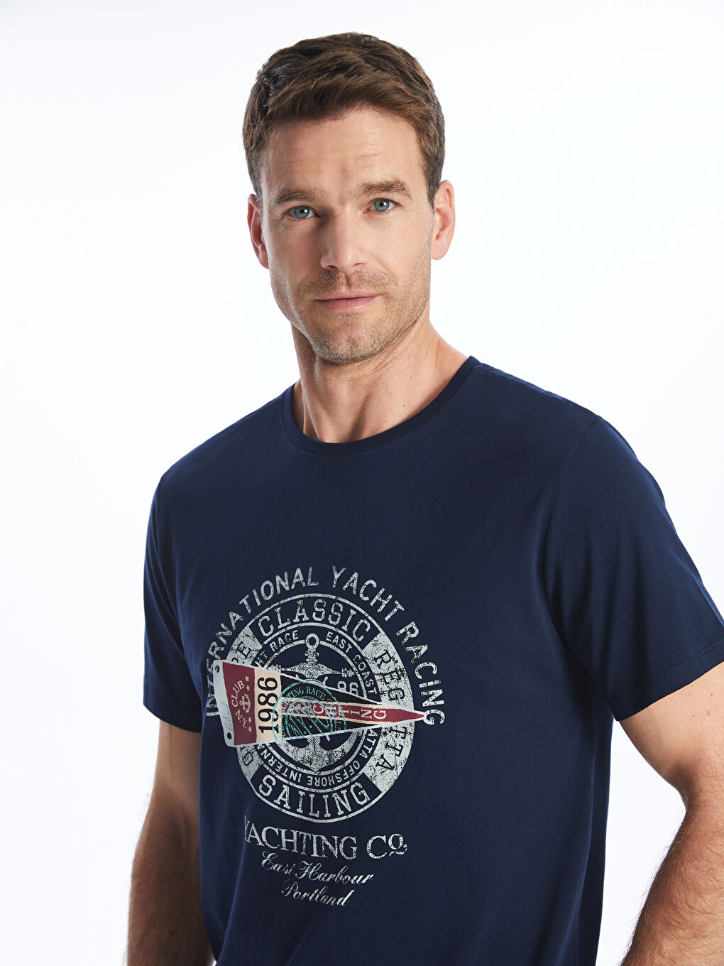 Lacivert Bisiklet Yaka Kısa Kollu Baskılı Penye Erkek Tişört-2