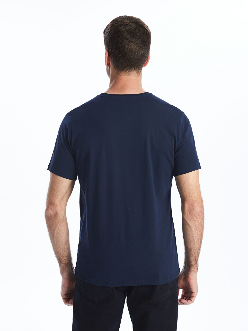 Lacivert Bisiklet Yaka Kısa Kollu Baskılı Penye Erkek Tişört-4