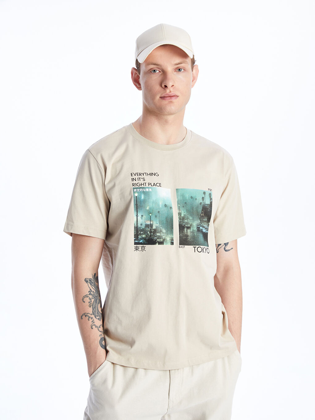 تيشيرت رجالي ياقة دائرية كم قصير مطبوع قطن ممشط