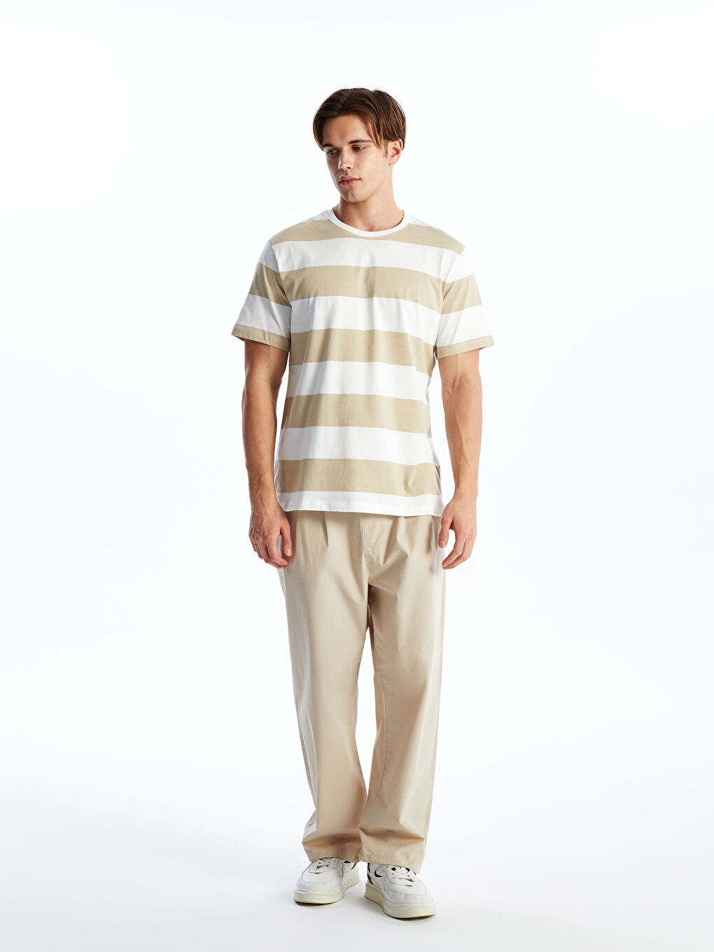 Ekru Bisiklet Yaka Kısa Kollu Çizgili Penye Erkek Tişört-1