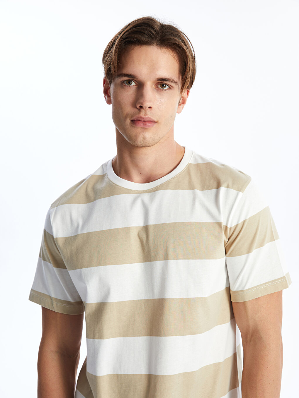 Ekru Bisiklet Yaka Kısa Kollu Çizgili Penye Erkek Tişört-2