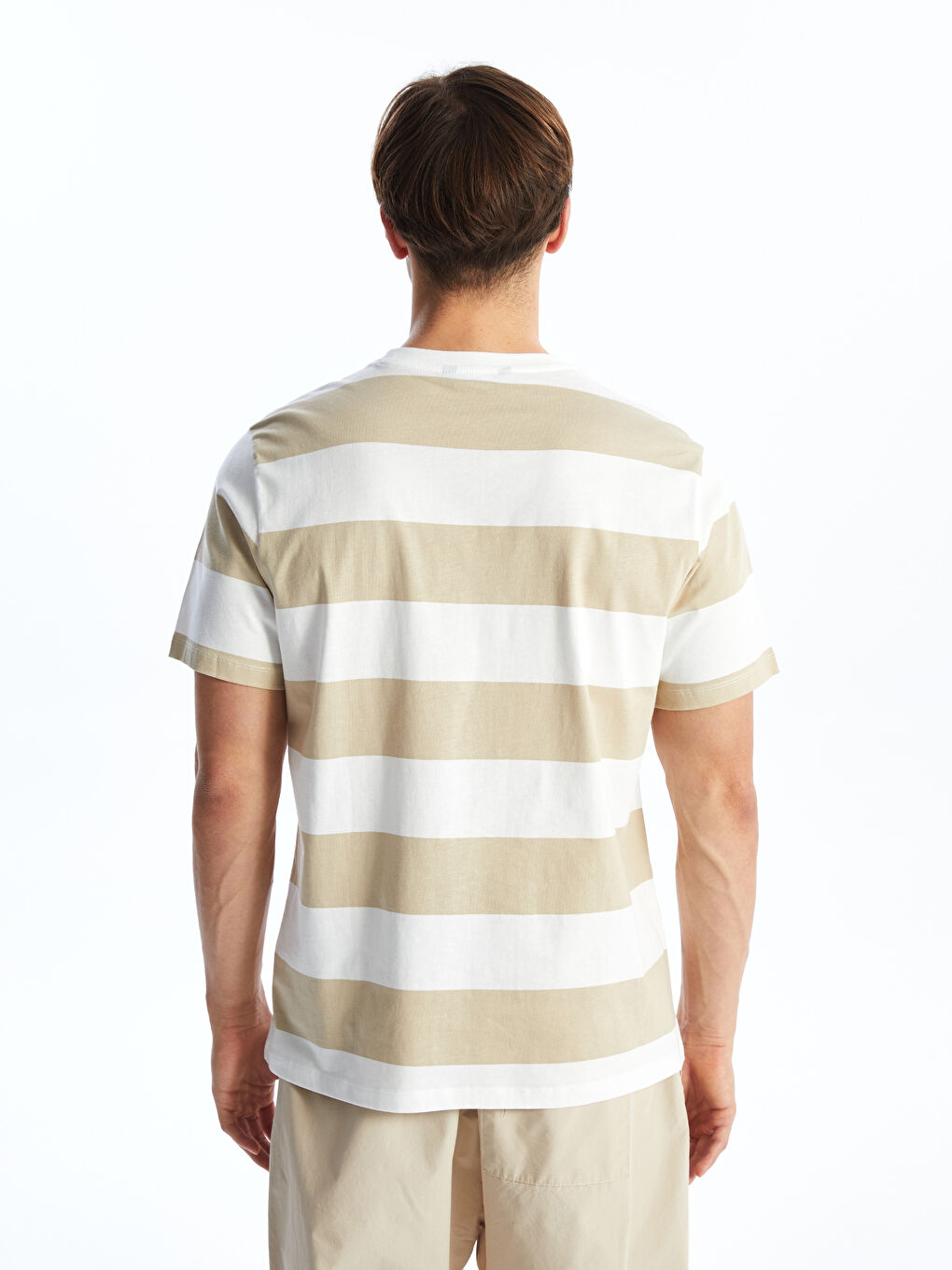 Ekru Bisiklet Yaka Kısa Kollu Çizgili Penye Erkek Tişört-4