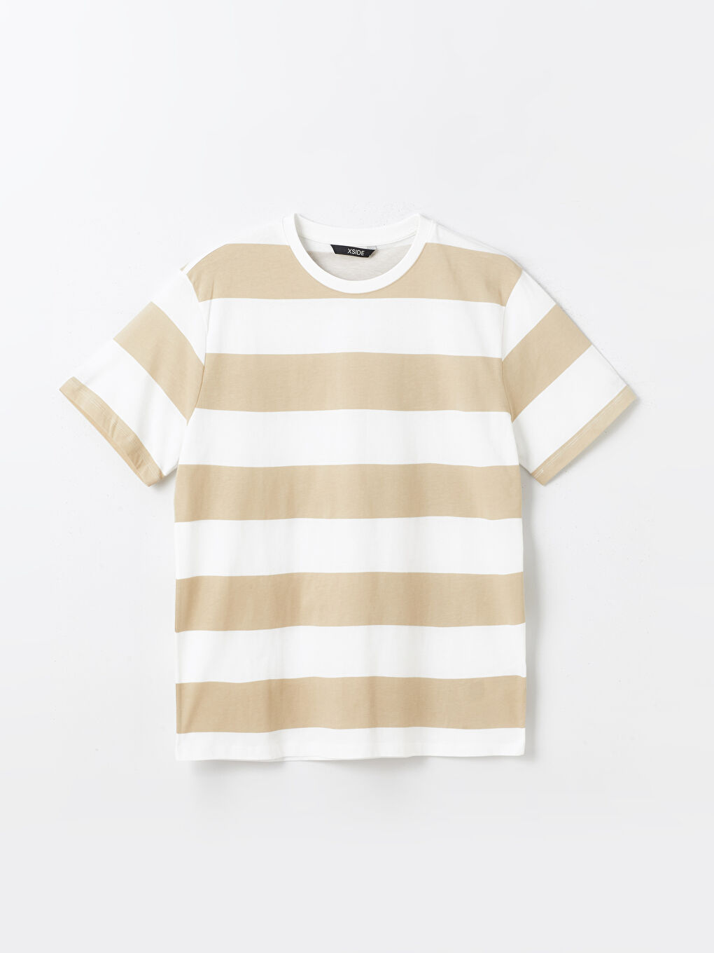 Ekru Bisiklet Yaka Kısa Kollu Çizgili Penye Erkek Tişört-5