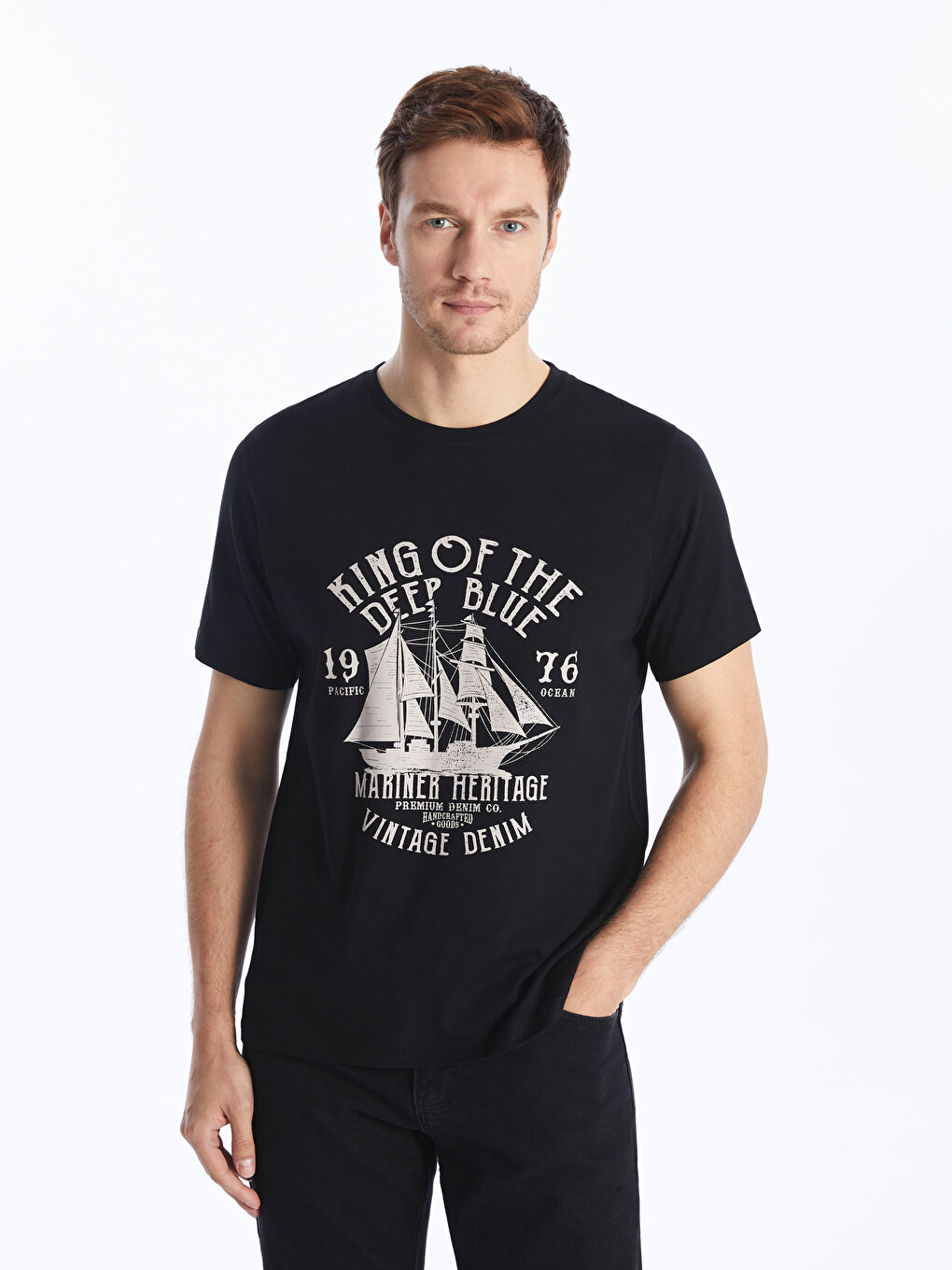 Siyah Bisiklet Yaka Kısa Kollu Baskılı Penye Erkek Tişört