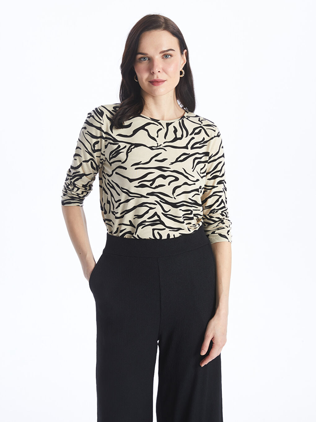 Crew Neck Patterned Long Sleeve Women's T-shirt -S4H107Z8-LQB