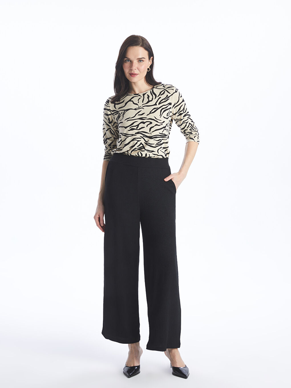 Crew Neck Patterned Long Sleeve Women's T-shirt -S4H107Z8-LQB