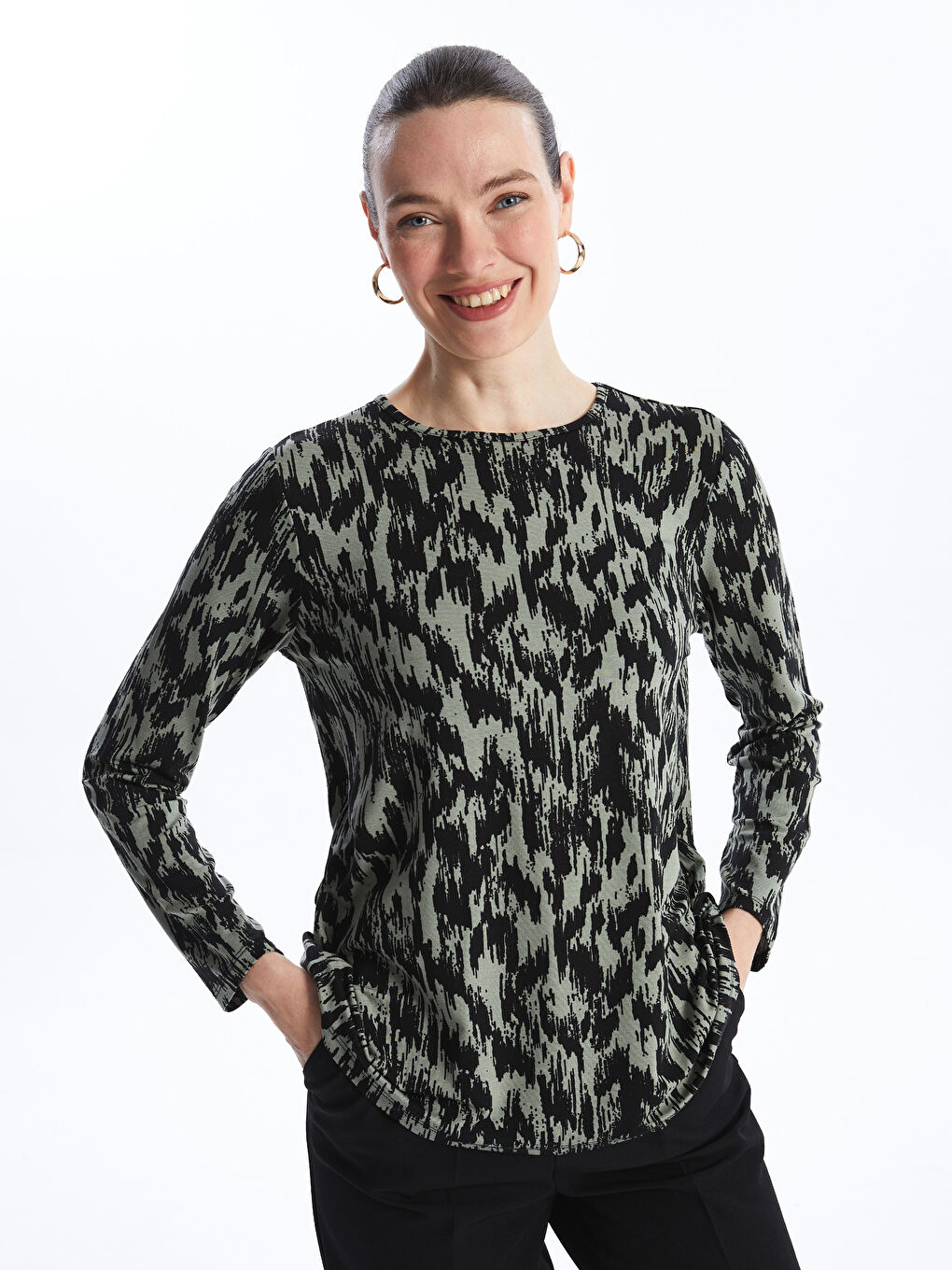 Crew Neck Patterned Long Sleeve Women's T-shirt -S4H107Z8-LRF