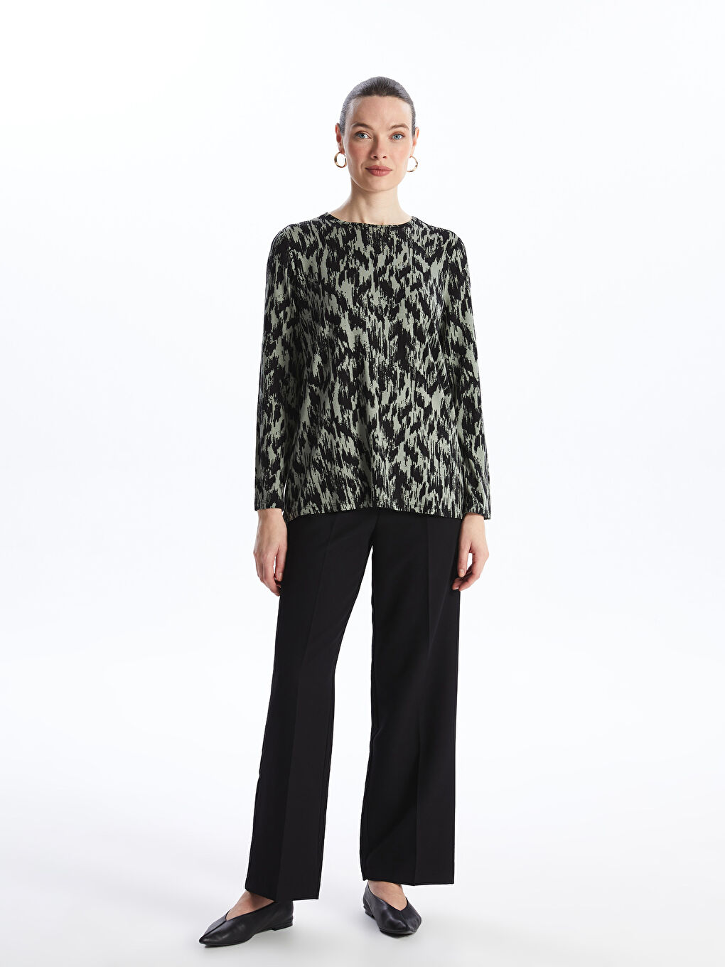 Crew Neck Patterned Long Sleeve Women's T-shirt -S4H107Z8-LRF