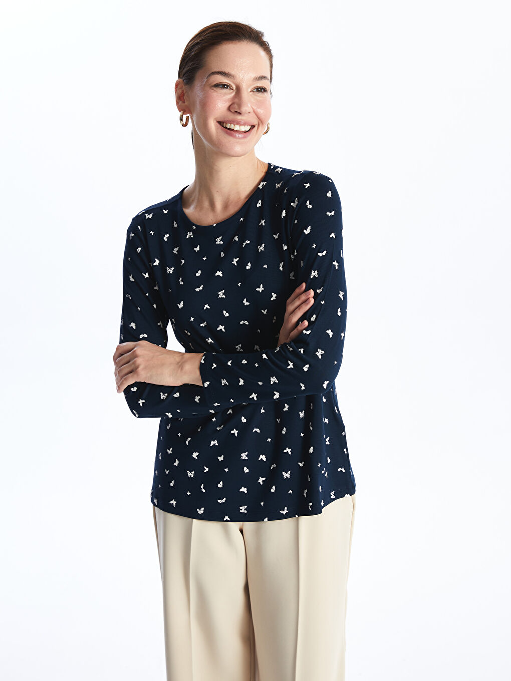 Crew Neck Patterned Long Sleeve Women's T-shirt -S4H107Z8-LSF