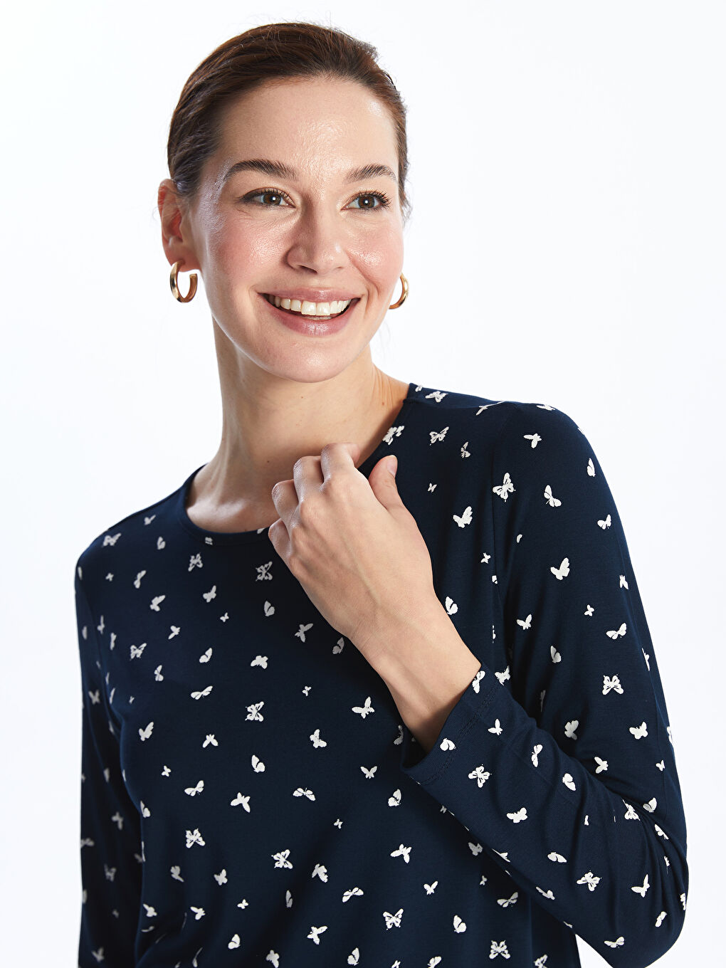 Crew Neck Patterned Long Sleeve Women's T-shirt -S4H107Z8-LSF