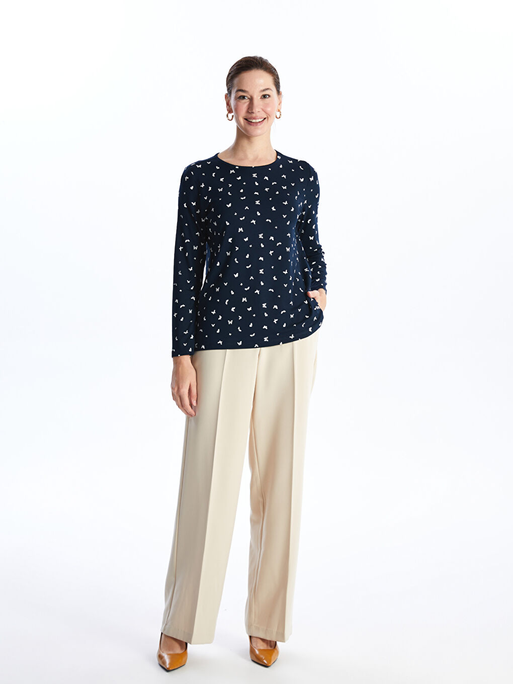 Crew Neck Patterned Long Sleeve Women's T-shirt -S4H107Z8-LSF