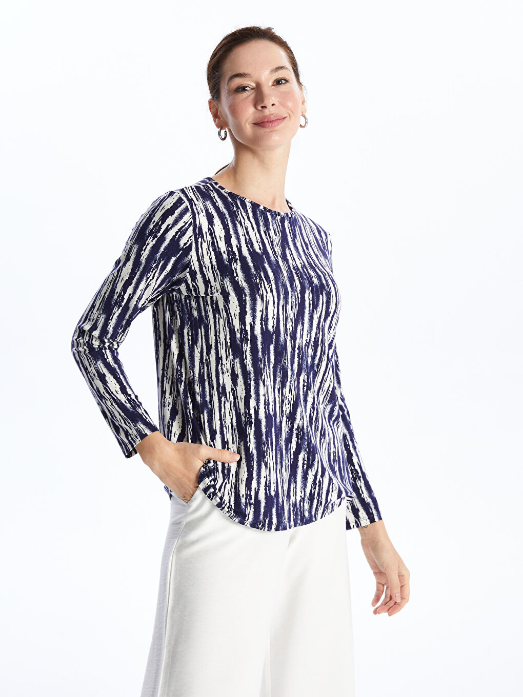 Crew Neck Patterned Long Sleeve Women's T-shirt -S4H107Z8-LSG