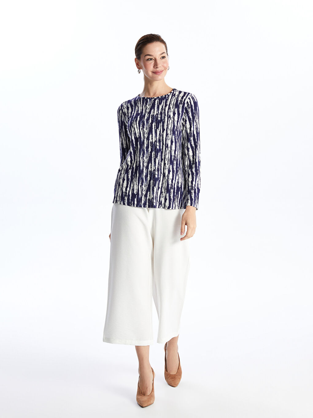 Crew Neck Patterned Long Sleeve Women's T-shirt -S4H107Z8-LSG