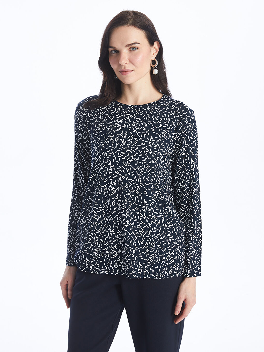 Crew Neck Patterned Long Sleeve Women's T-shirt -S4H107Z8-LSJ