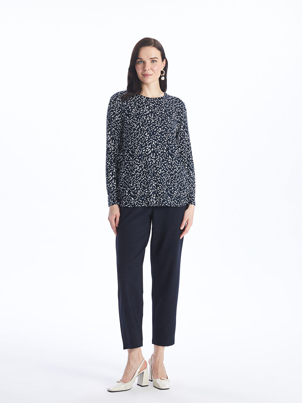 Crew Neck Patterned Long Sleeve Women's T-shirt -S4H107Z8-LSJ