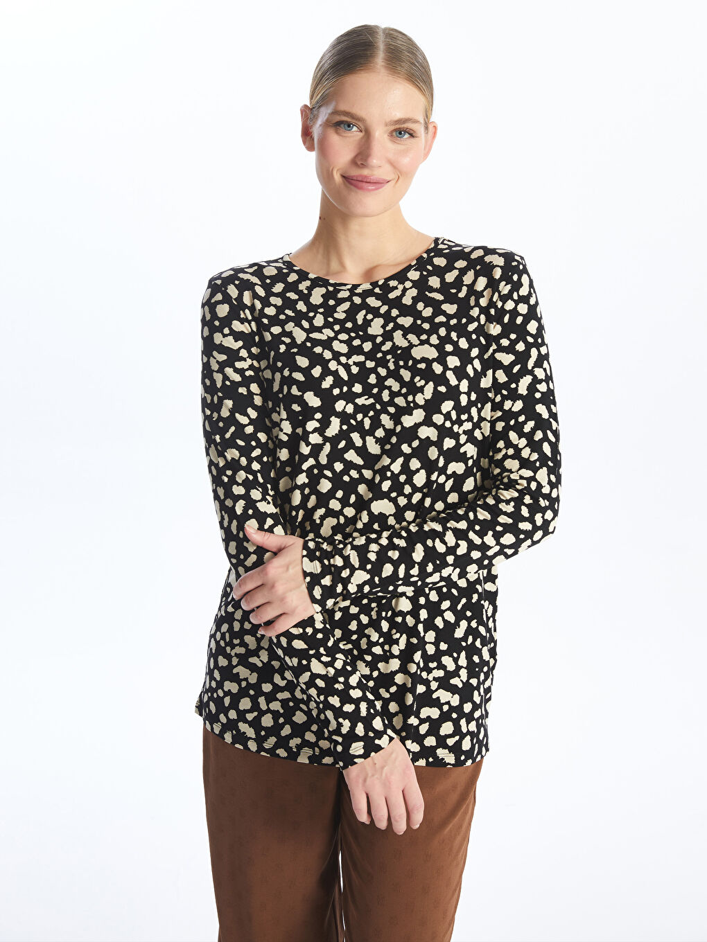 Crew Neck Patterned Long Sleeve Women's T-shirt -S4H188Z8-SW5