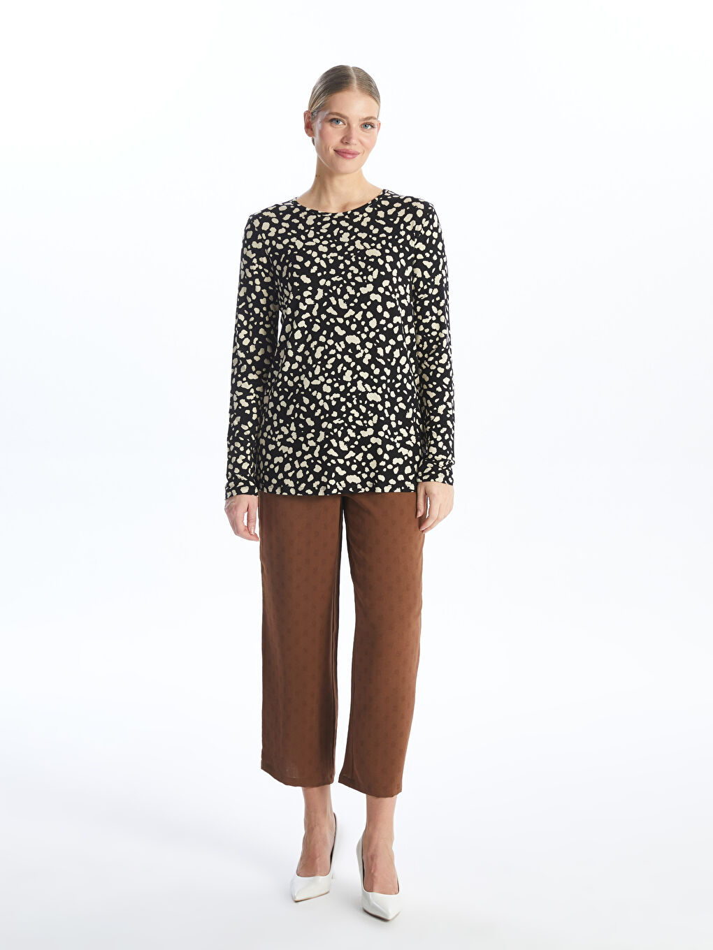 Crew Neck Patterned Long Sleeve Women's T-shirt -S4H188Z8-SW5