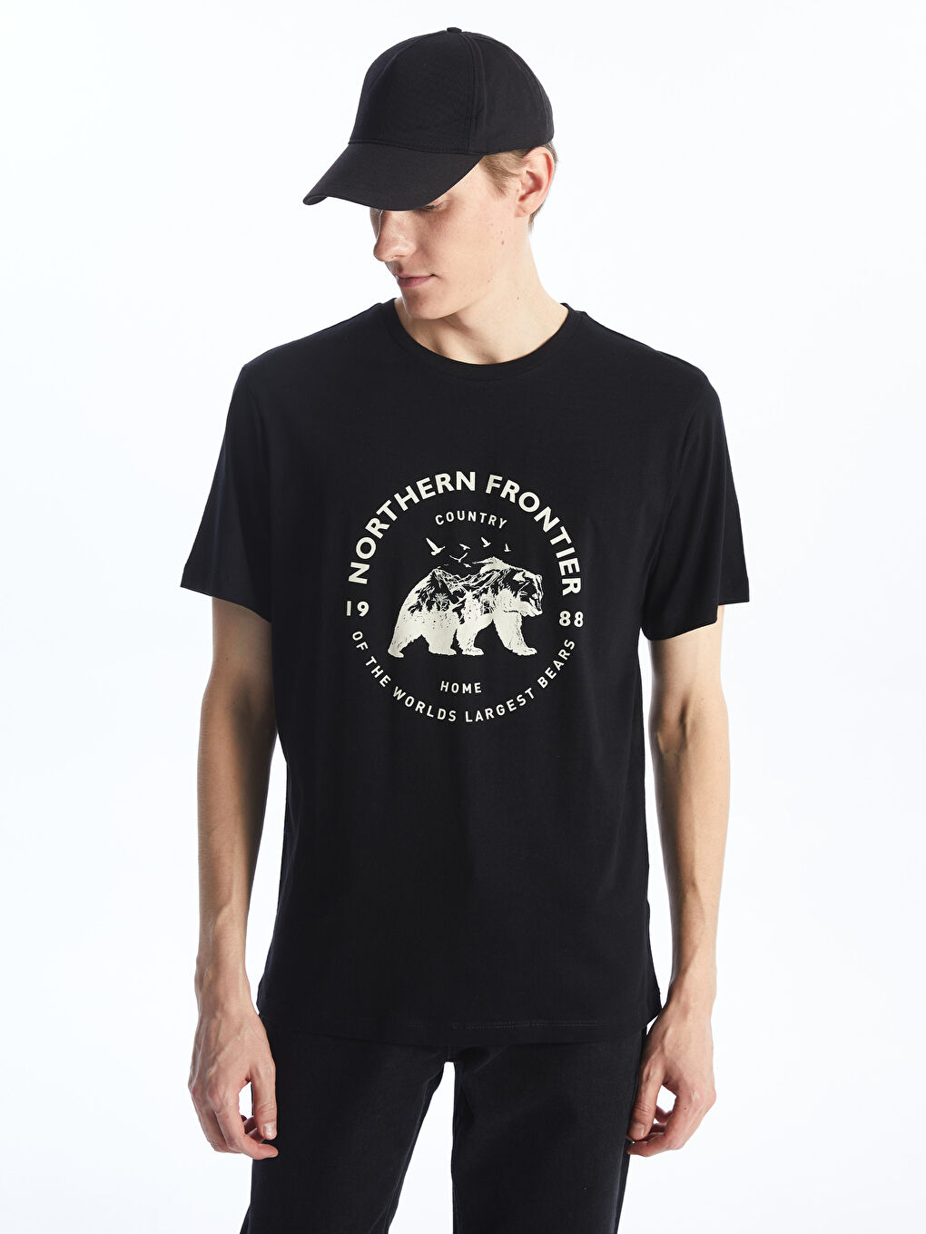 Siyah Bisiklet Yaka Kısa Kollu Baskılı Penye Erkek Tişört