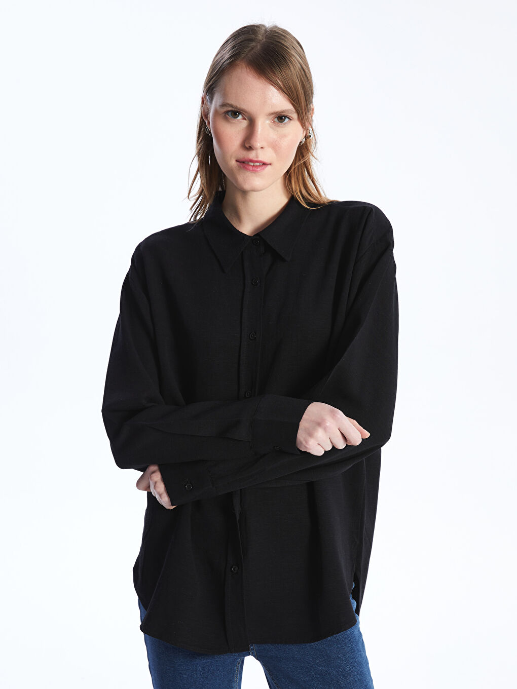 Straight Long Sleeve Oversize Linen Blend Women's Shirt -S4H225Z8-CVL
