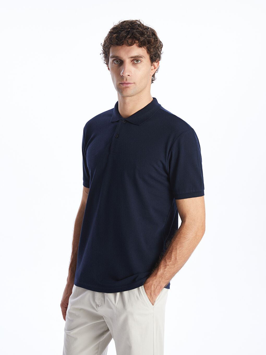 Lacivert Polo Yaka Kısa Kollu Pike Erkek Tişört-1
