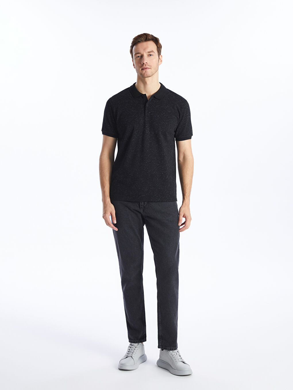 Siyah Polo Yaka Kısa Kollu Pike Erkek Tişört-2