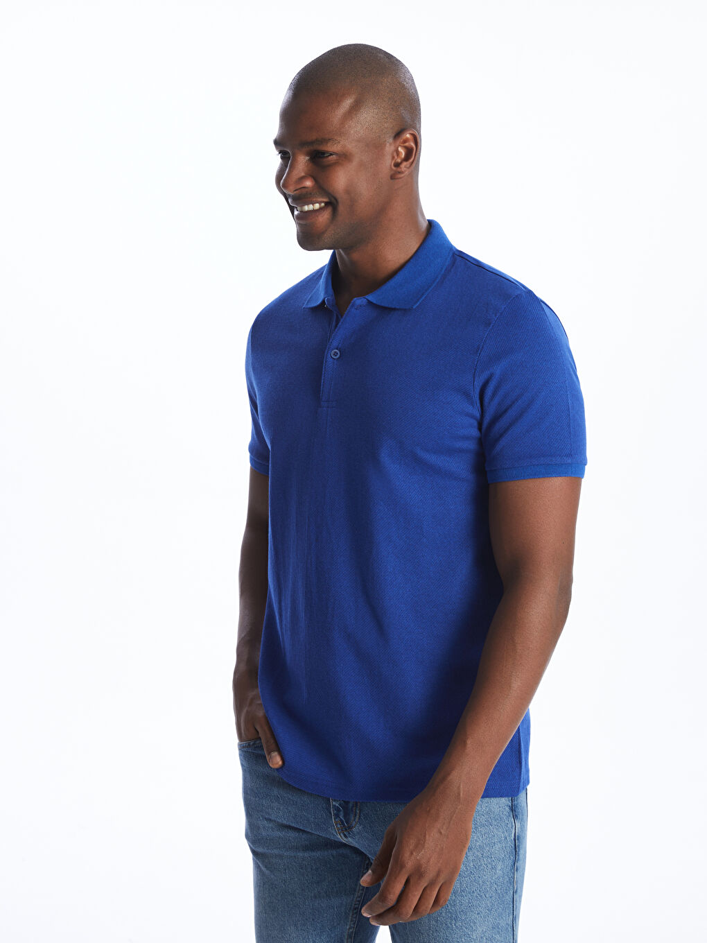 Mavi Polo Yaka Kısa Kollu Pike Erkek Tişört-1