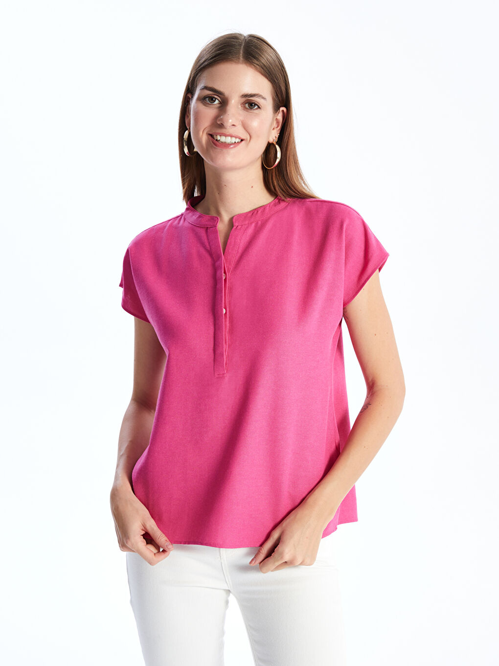 Fuşya Kaçık Yaka Düz Kısa Kollu Kadın Bluz