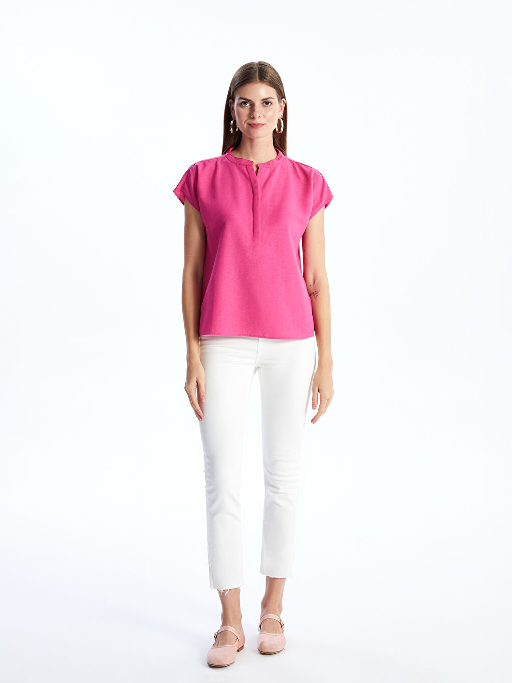 Fuşya Kaçık Yaka Düz Kısa Kollu Kadın Bluz-2