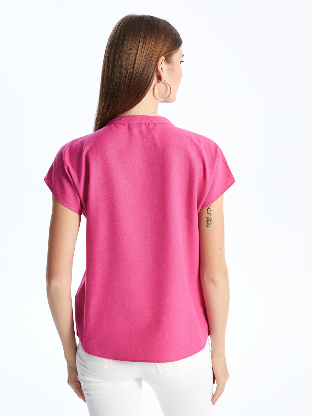 Fuşya Kaçık Yaka Düz Kısa Kollu Kadın Bluz-4