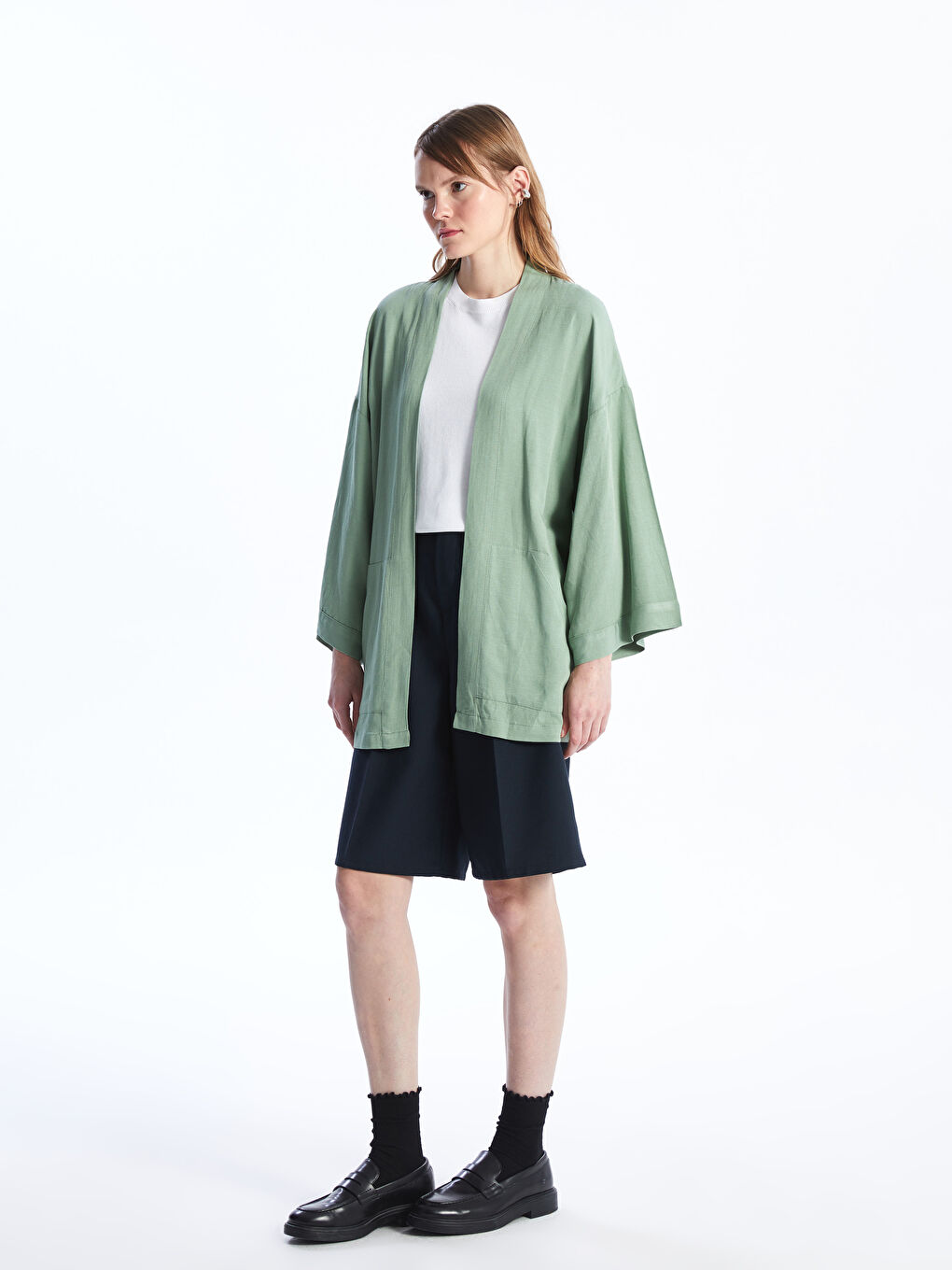 LCW Vision Açık Yeşil Şal Yala Düz Keten Karışımlı Oversize Kadın Kimono - 2