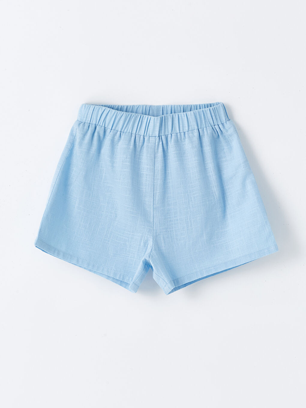 Mavi Beli Lastikli Kız Çocuk Keten Görünümlü Şort