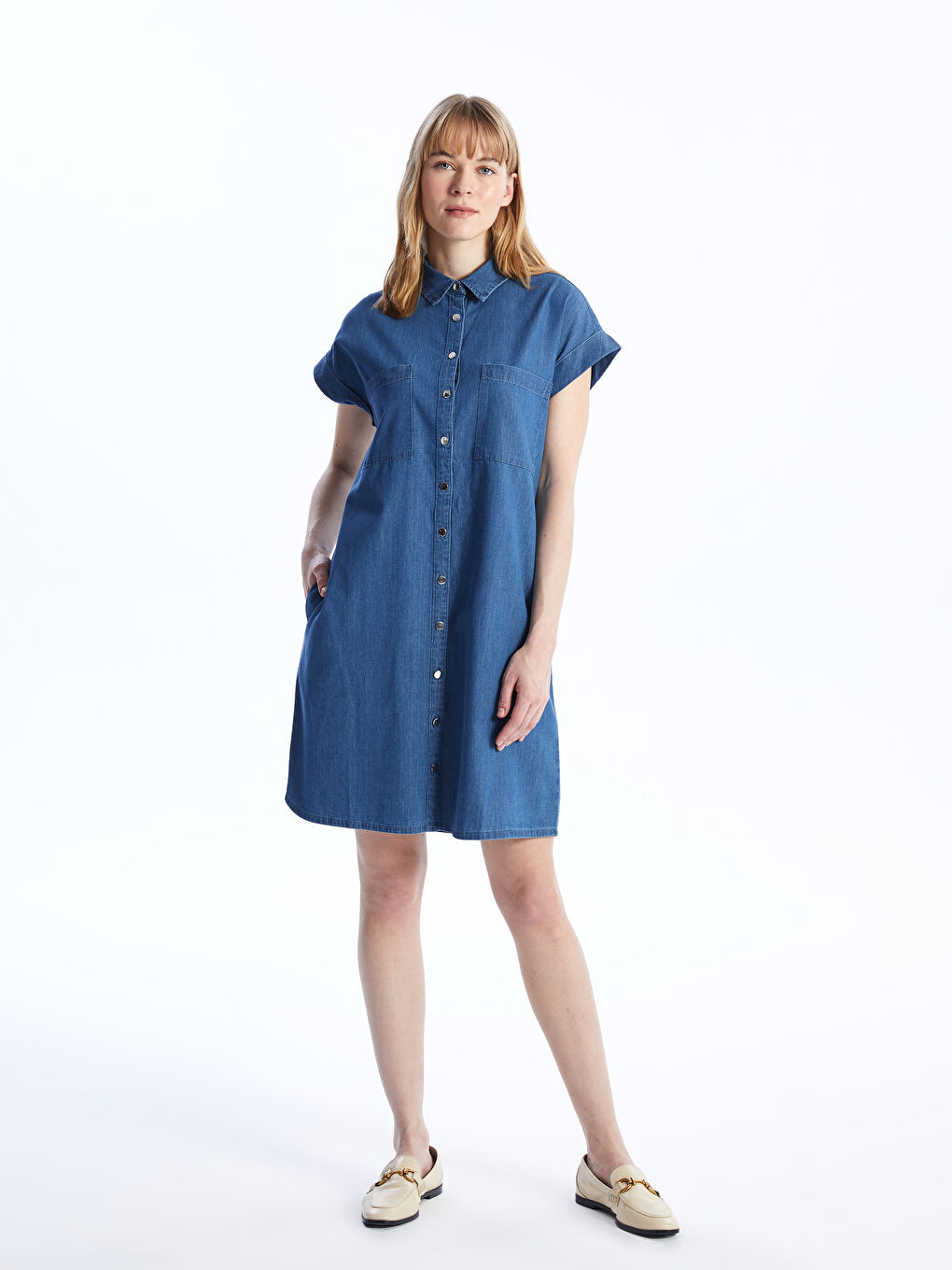 Plain Short Sleeve Women's Denim Shirt Dress -S4H363Z8-563
