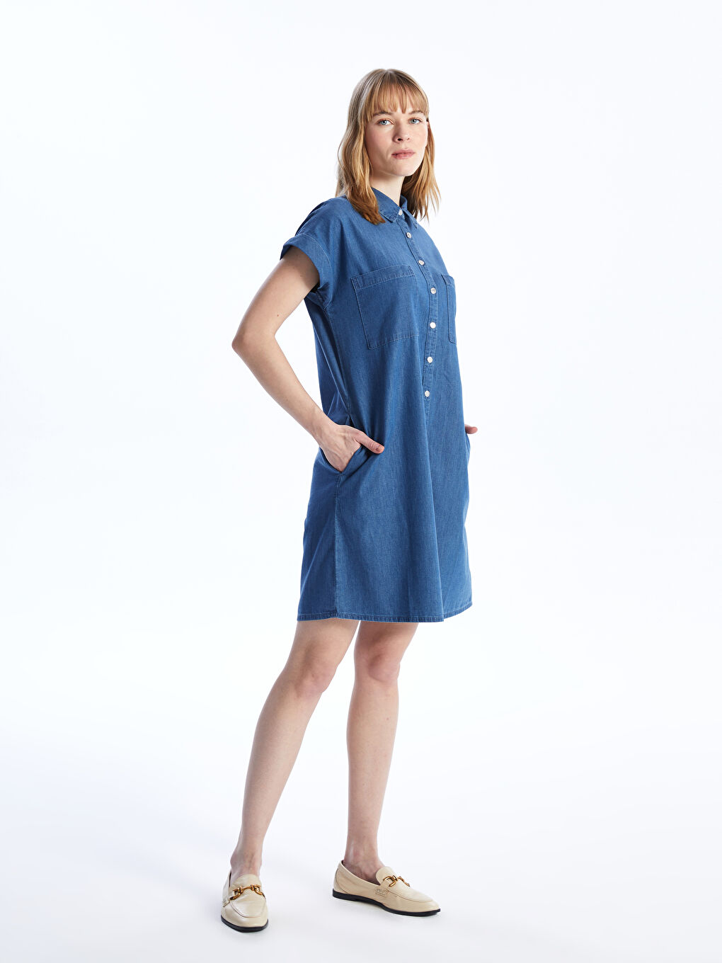 Plain Short Sleeve Women's Denim Shirt Dress -S4H363Z8-563