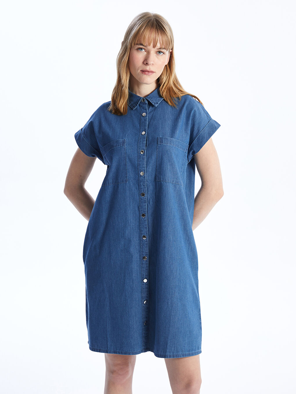 Plain Short Sleeve Women's Denim Shirt Dress -S4H363Z8-563