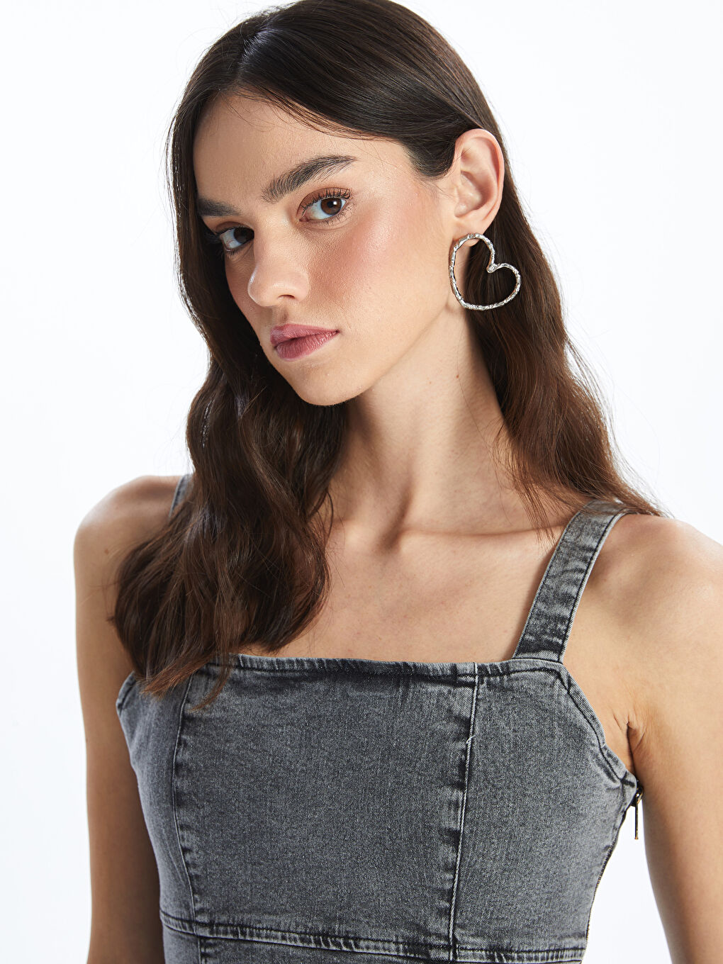 Square Collar Strappy Mini Denim Dress-1