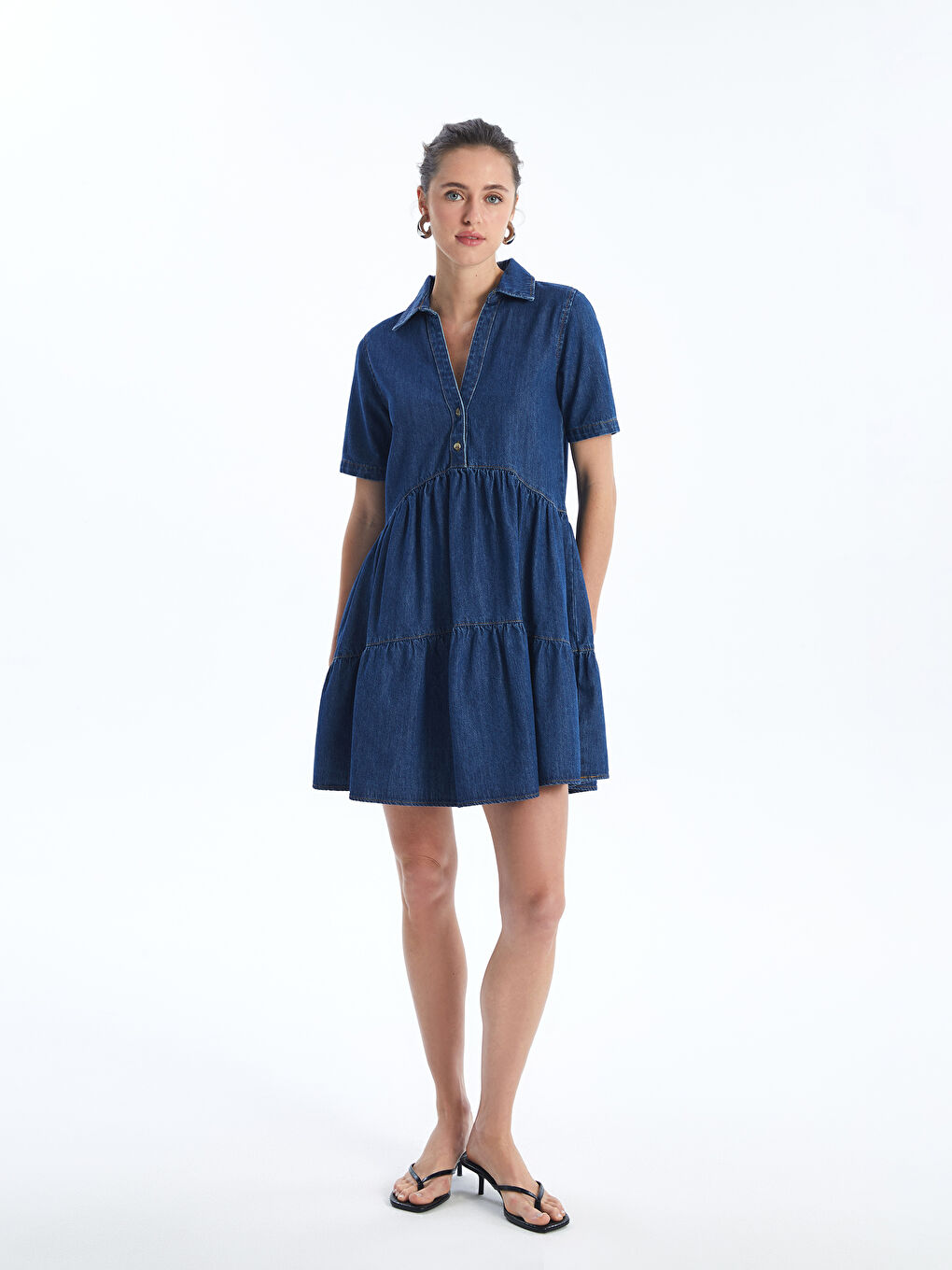 LC Waikiki Collared Neck Plain Short Sleeve Women's Denim Dress -S4H411Z8-507