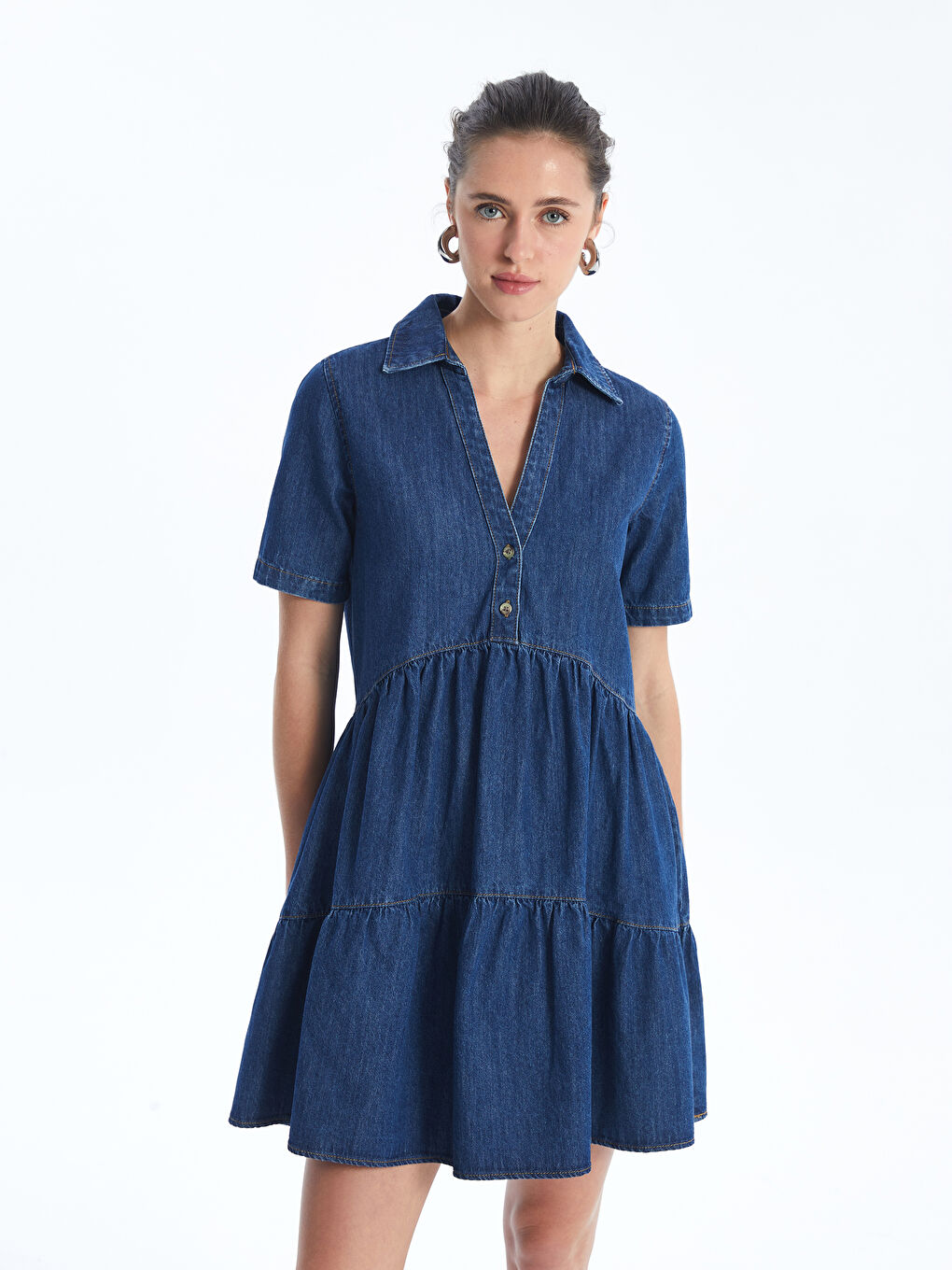 LC Waikiki Collared Neck Plain Short Sleeve Women's Denim Dress -S4H411Z8-507